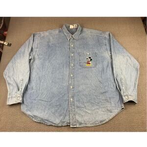 Vintage Disney Store Men's XXL Blue Denim Shirt Long Sleeve Mickey‎ Flip Coin